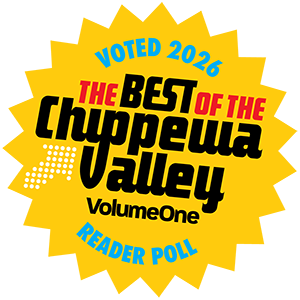 Yellow starburst badge with blue and red text reads: “Voted 2026 Best of the Chippewa Valley VolumeOne Reader Poll.”.
